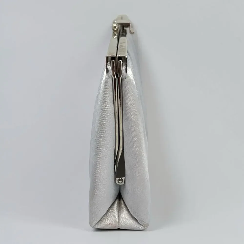 Y2K Jessica McClintock Silver Satin Convertible Clutch Kiss Lock Formal Bag